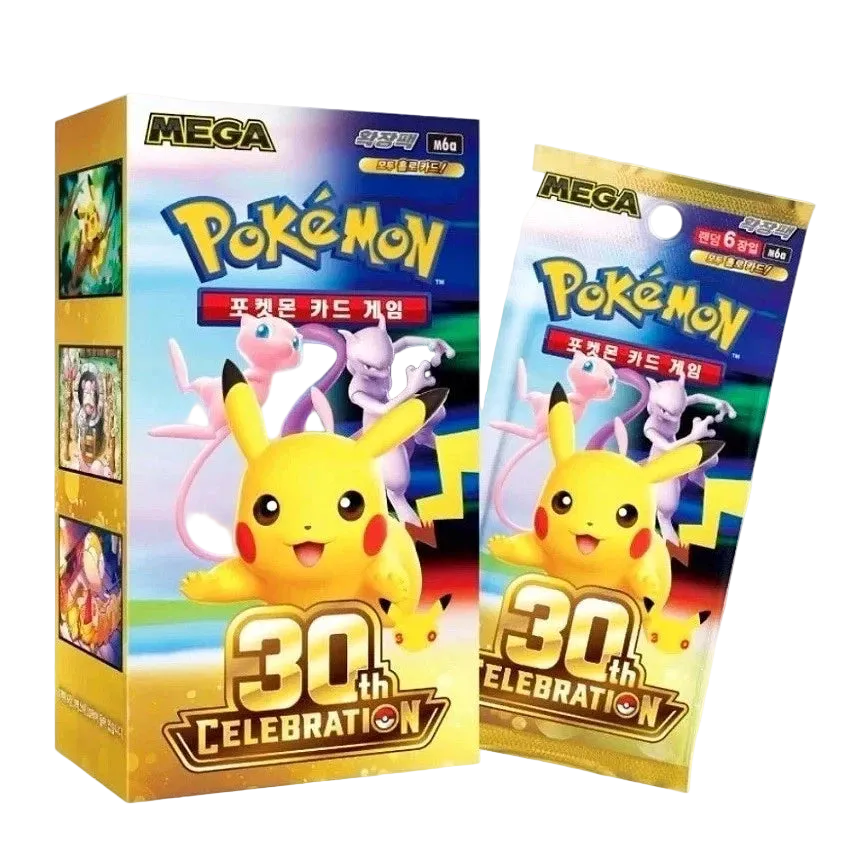 A Pokémon Mega booster pack box and one individual booster pack displayed on a plain white background. The packaging features Pikachu prominently with other Pokémon characters and '30th Celebration' text.